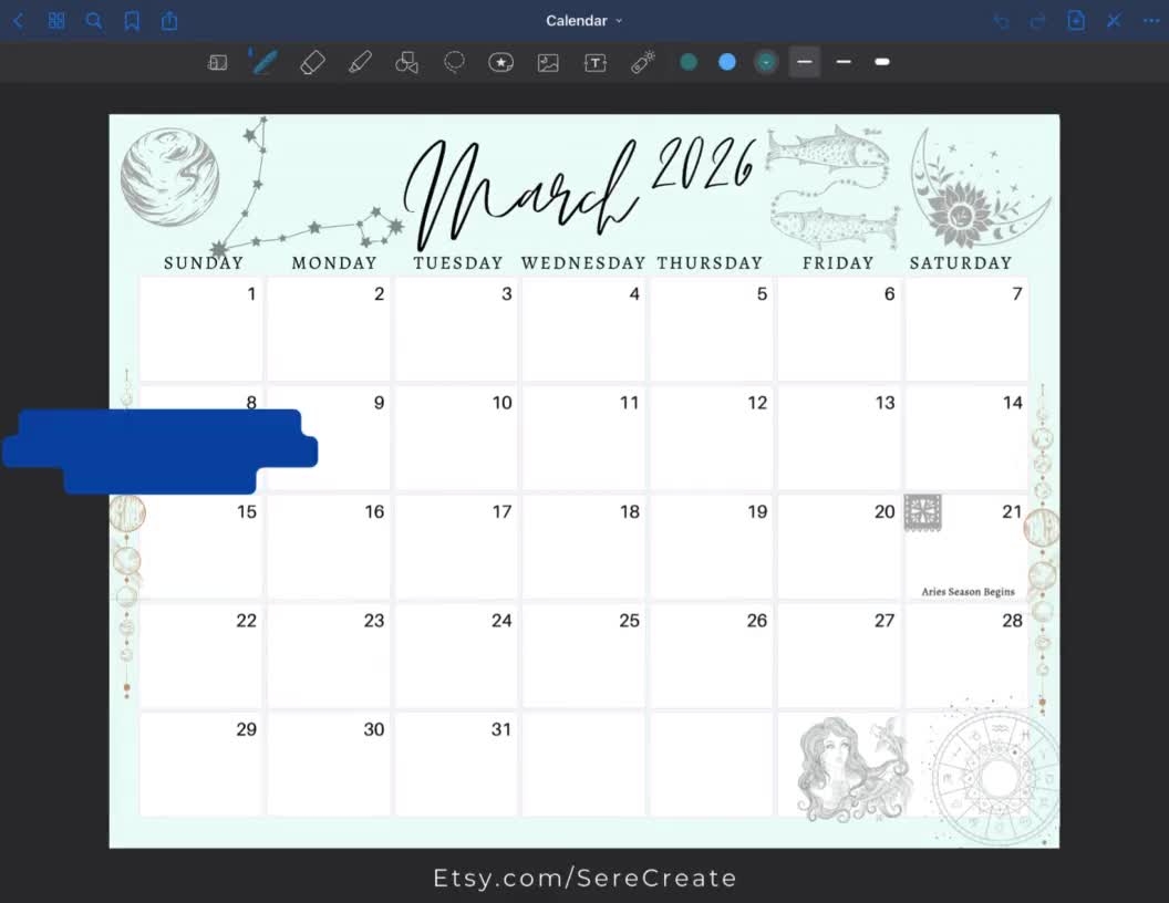 March 2026 Digital Calendar Pisces Astrology Planner Editable 