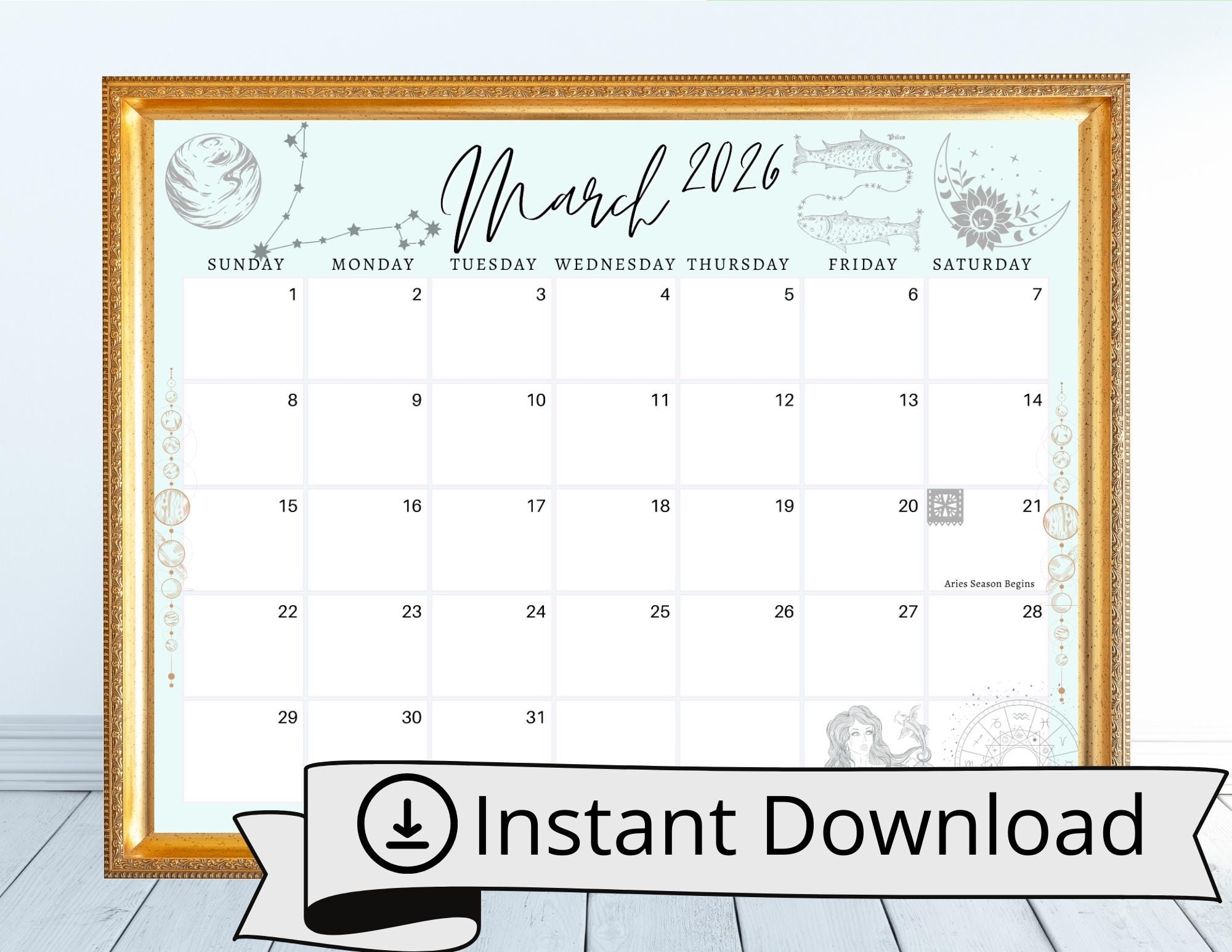 March 2026 Digital Calendar Pisces Astrology Planner Editable 