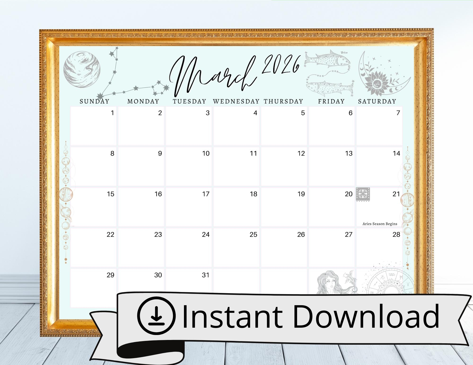 March 2026 Digital Calendar Pisces Astrology Planner Editable Fillable Printable Calendar For Planning PDF PNG And JPG Download Etsy