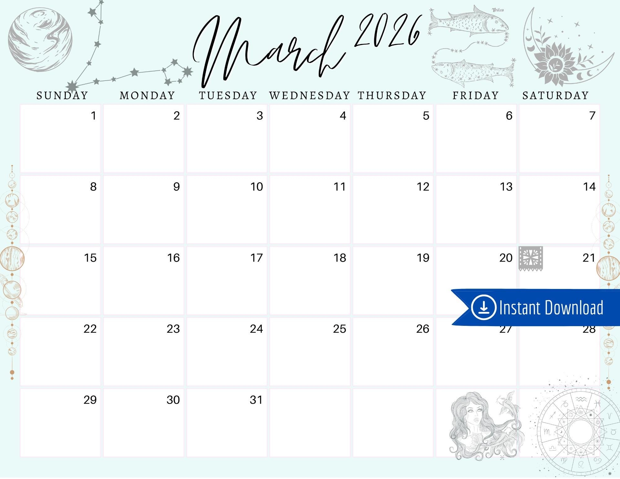 March 2026 Digital Calendar Pisces Astrology Planner Editable 