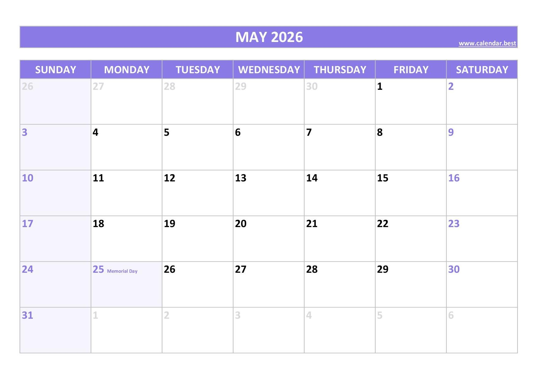 May 2026 Calender With Holidays