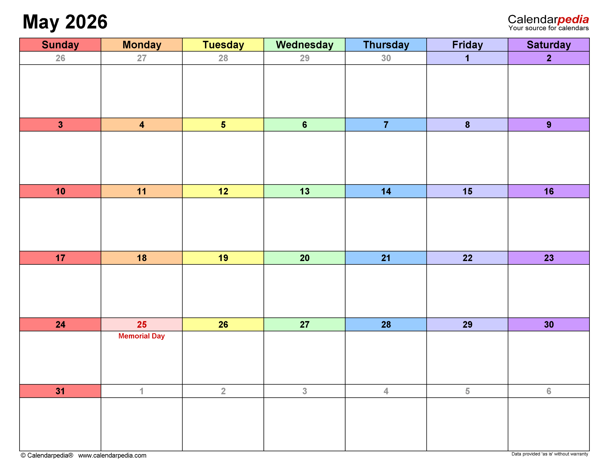 May 2026 Editable Calendar Word