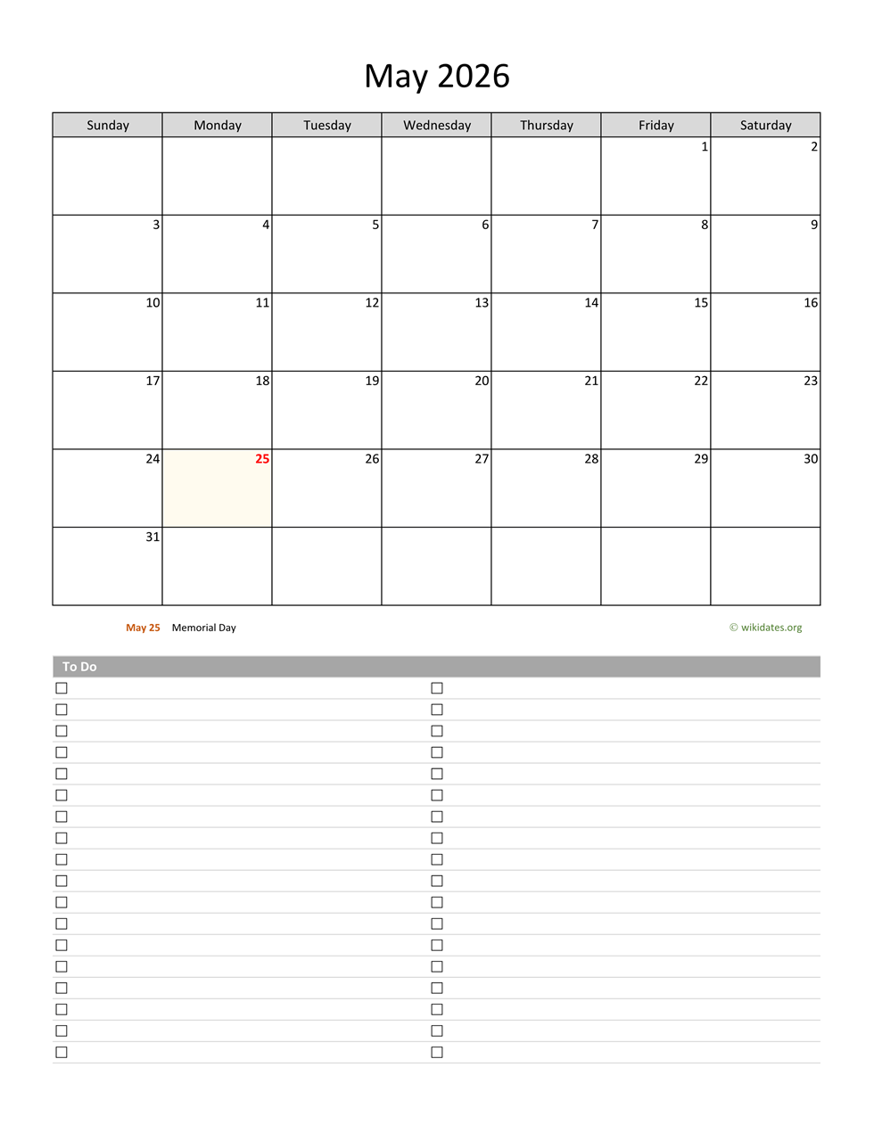May 2026 Calendar Template Excel