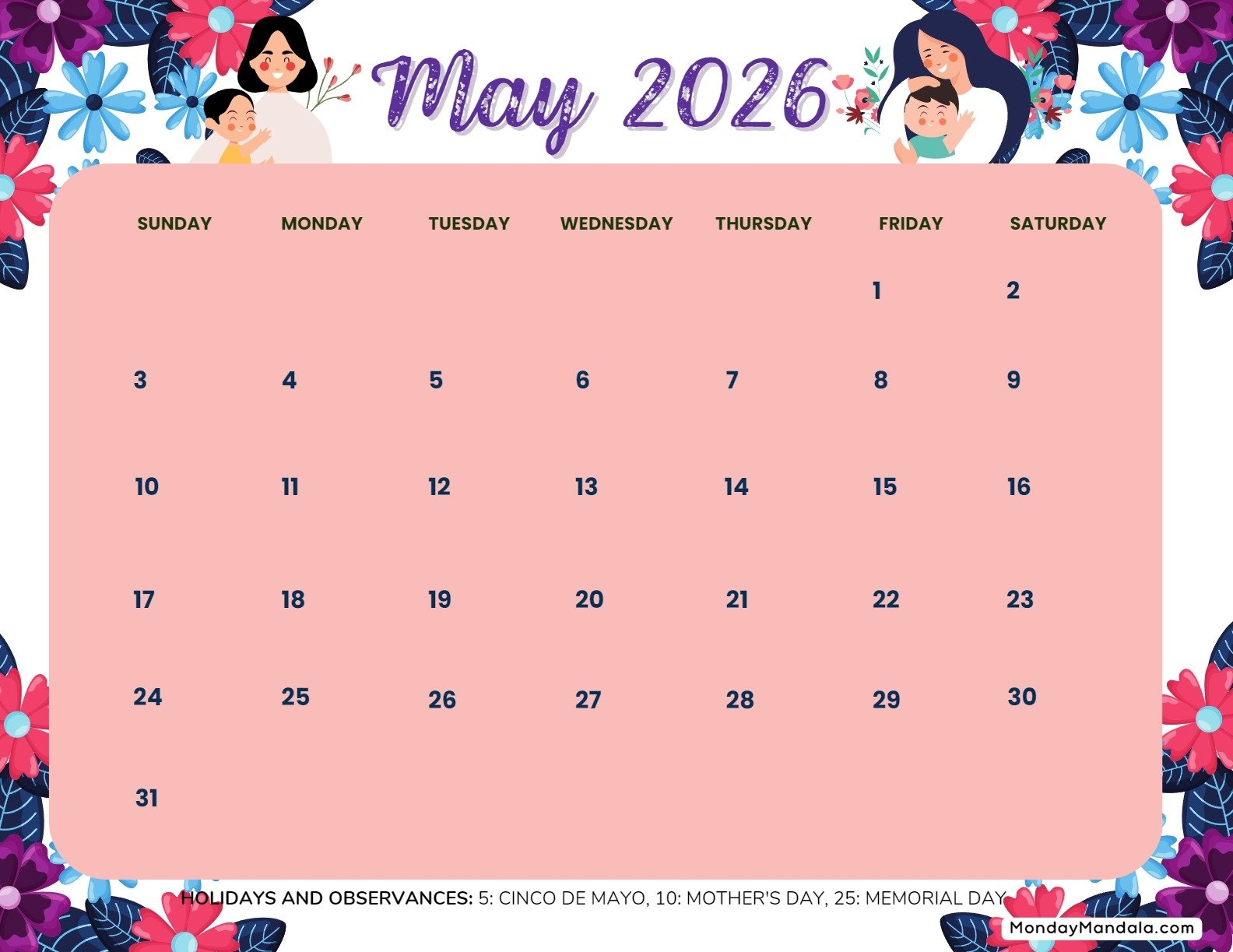 May 2026 Calendar Mothers Day