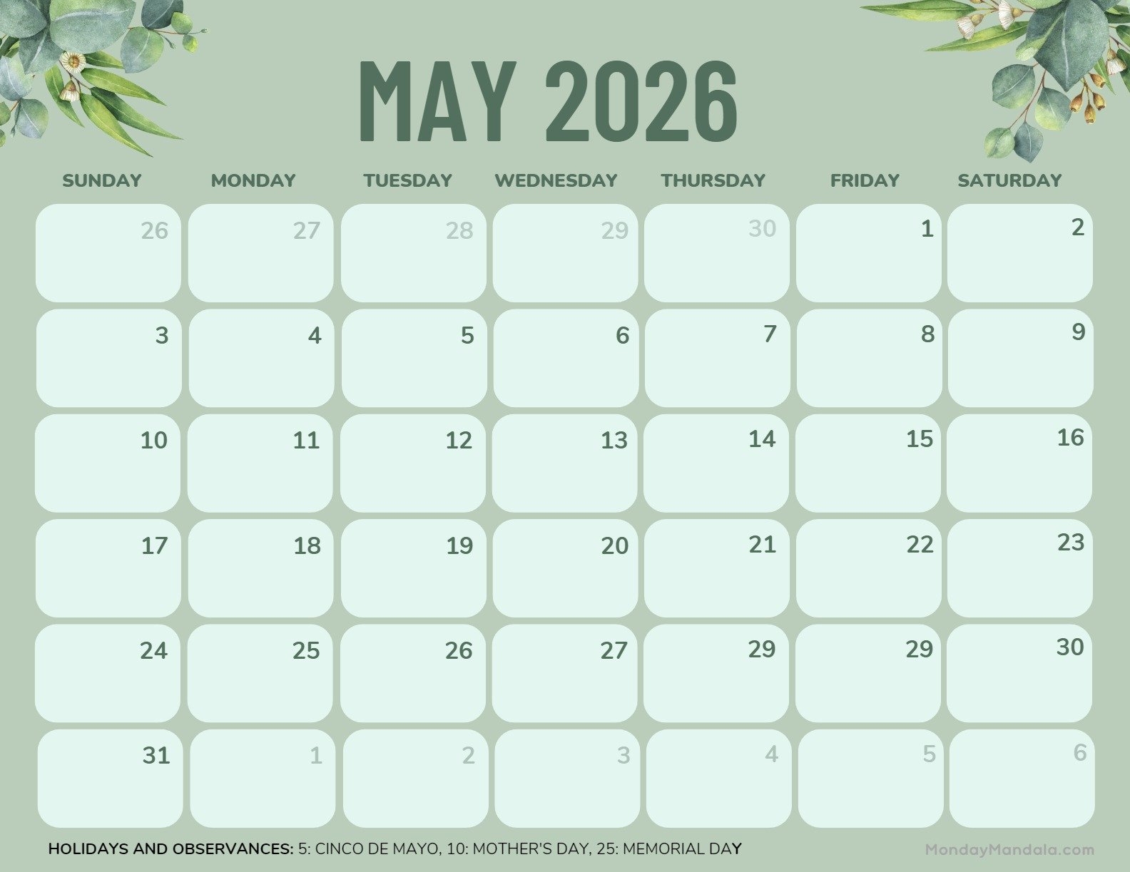 May Uruguay Calendar 2026