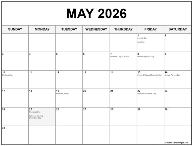 May 2026 With Holidays Calendar