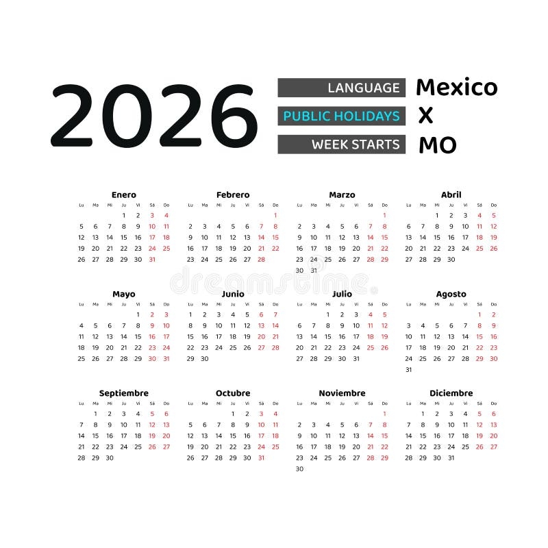 Mexico Calendar 2026 Week Starts From Monday Vector Graphic Design Stock Vector Illustration Of Printing Language 264764992