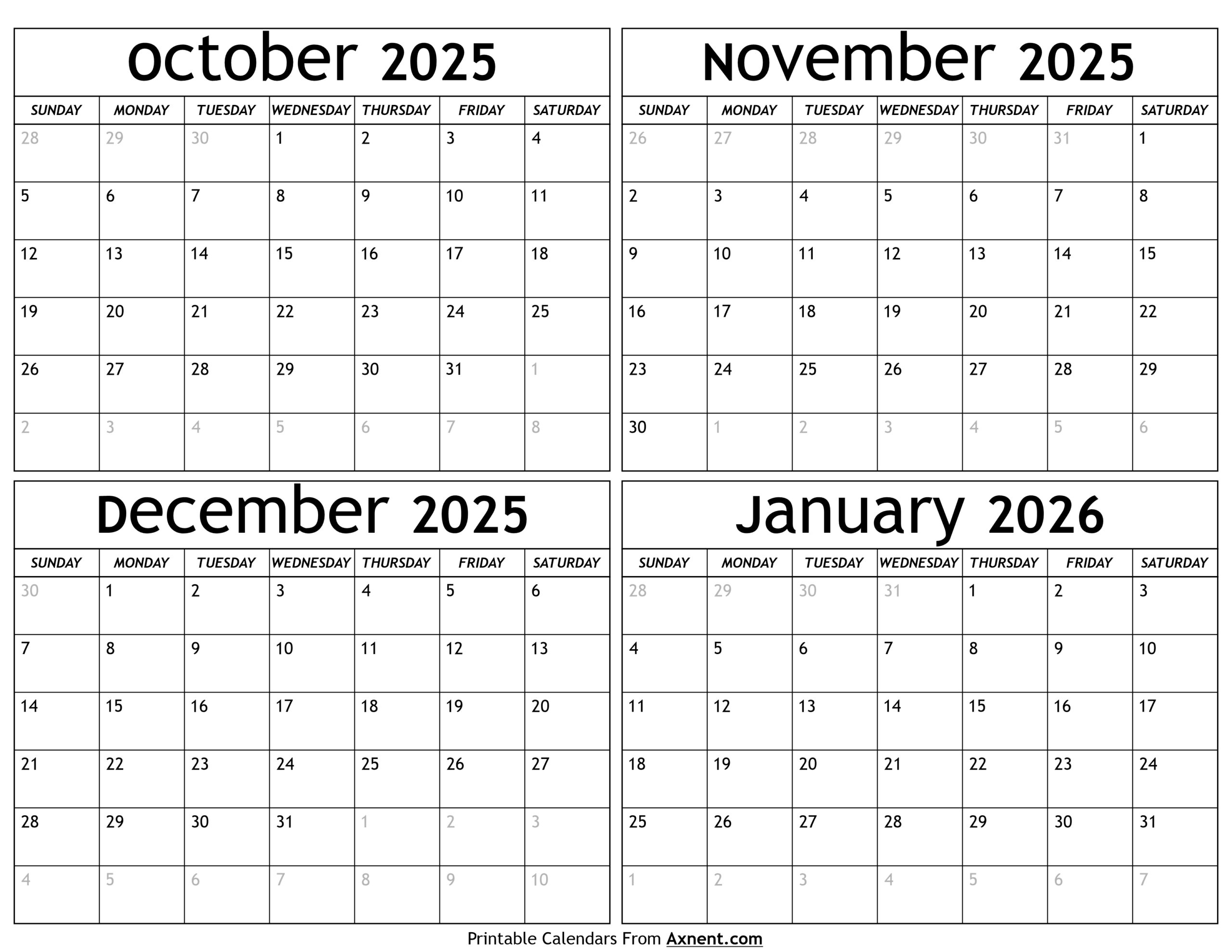 October 2025 To January 2026 Calendar Templates Four Months