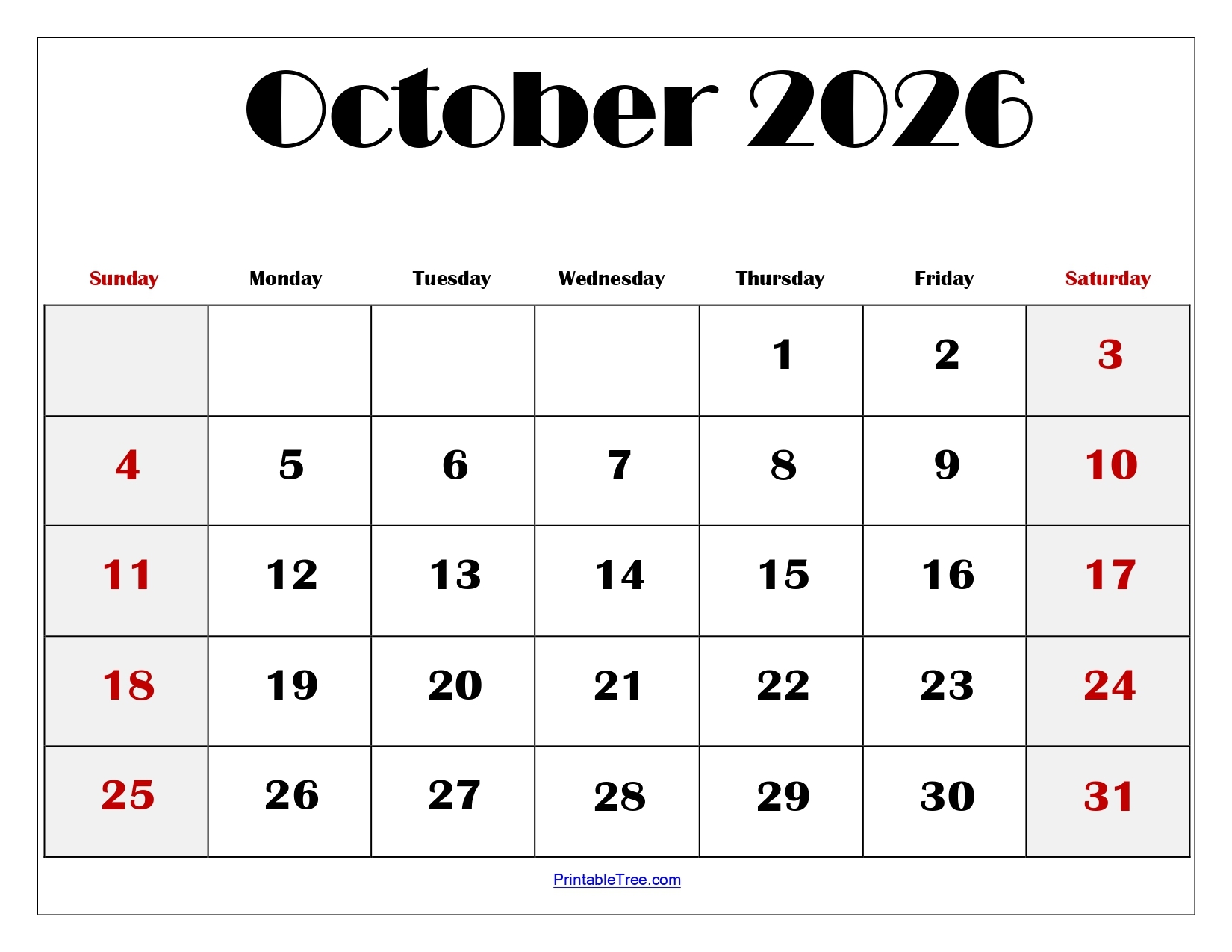 October 2026 Calendar Printable PDF Templates Free Download