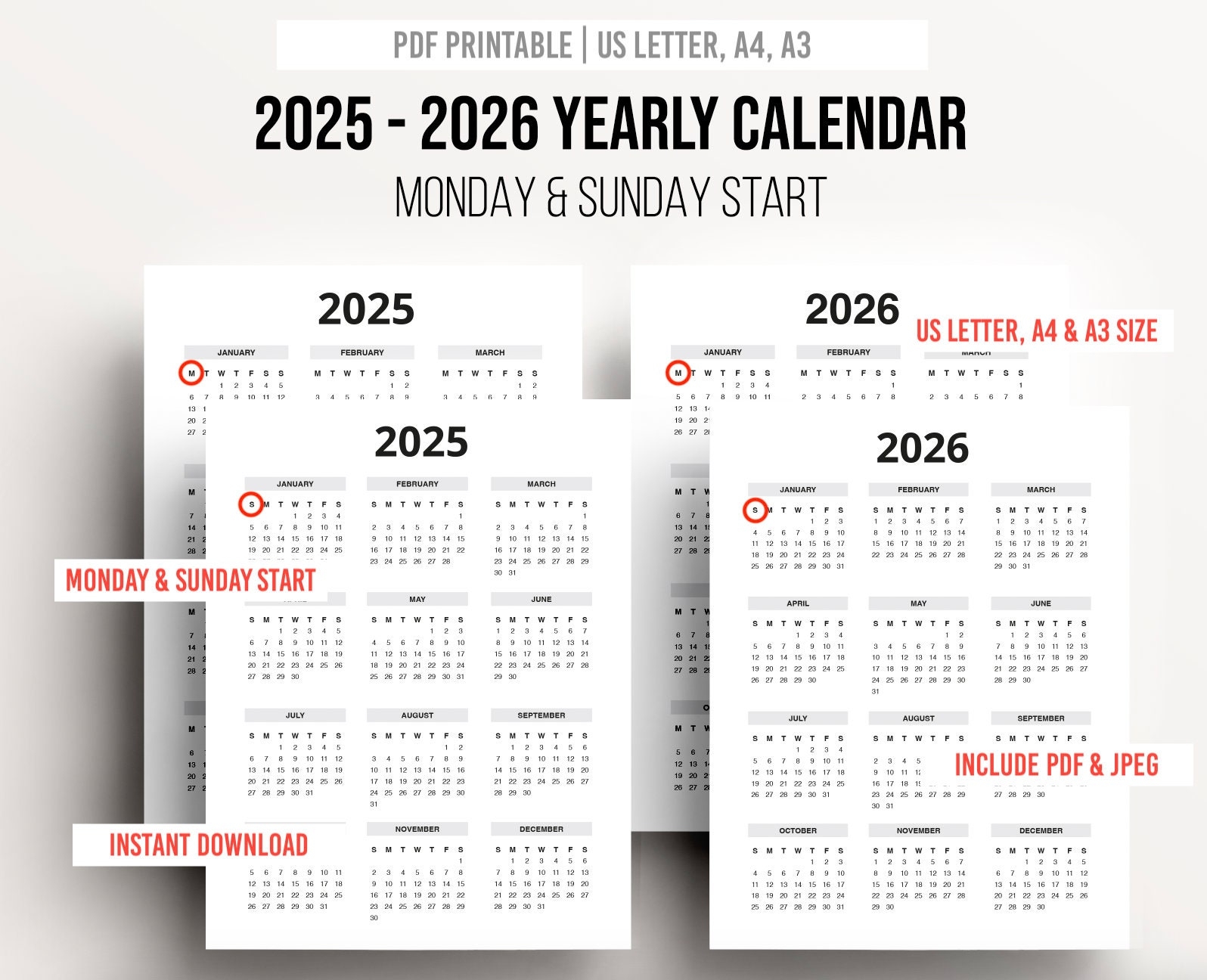 Printable 2025 2026 Yearly Calendar Monday U0026 Sunday Start Etsy