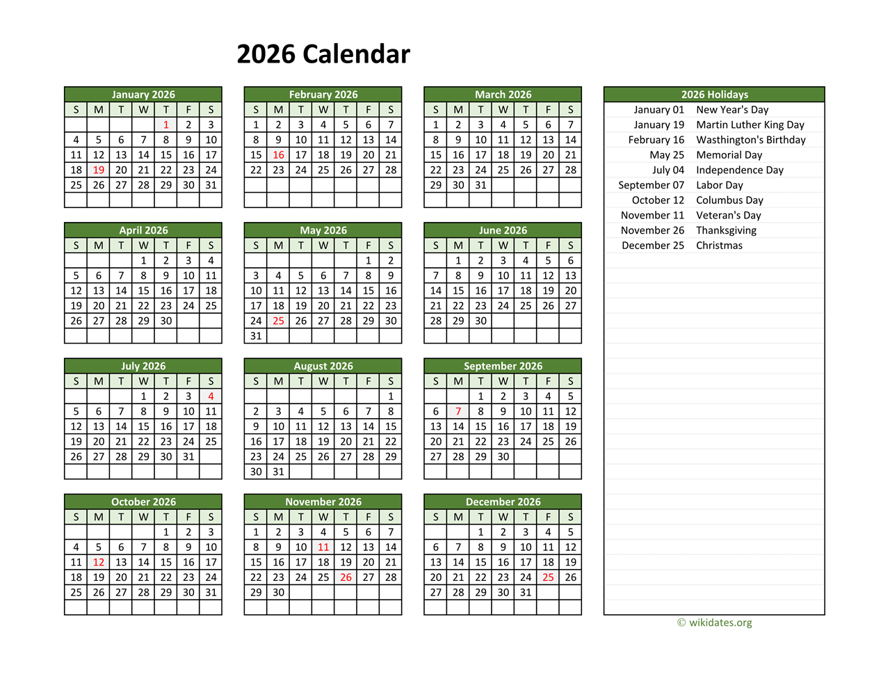 April 2026 National Holiday Calendar