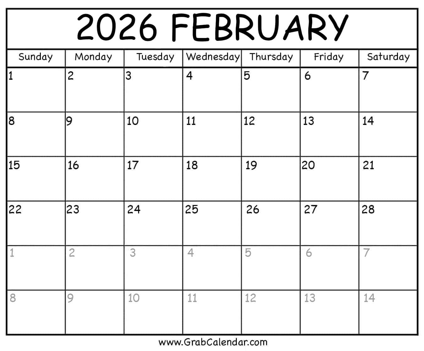 Printable February 2026 Calendar