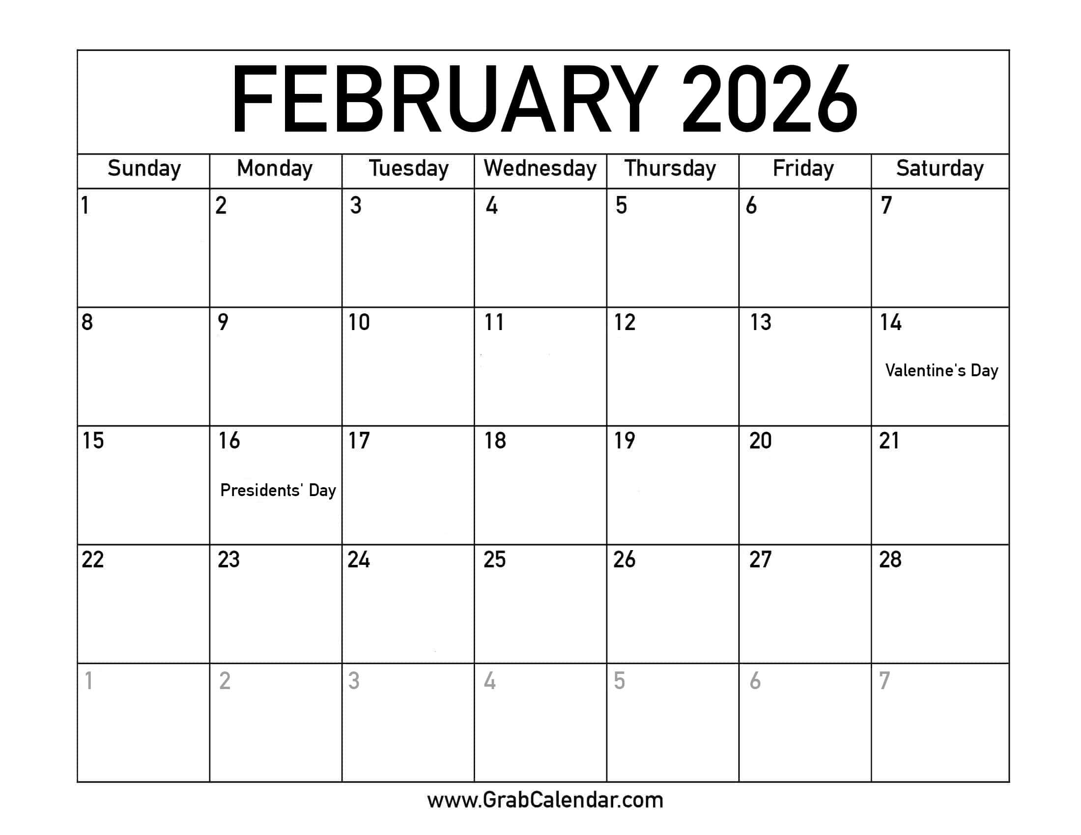Printable February 2026 Calendar