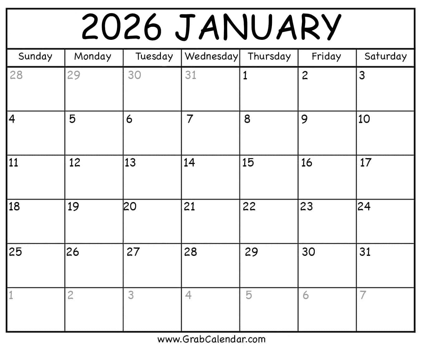 January 2026 Calendar Word Template