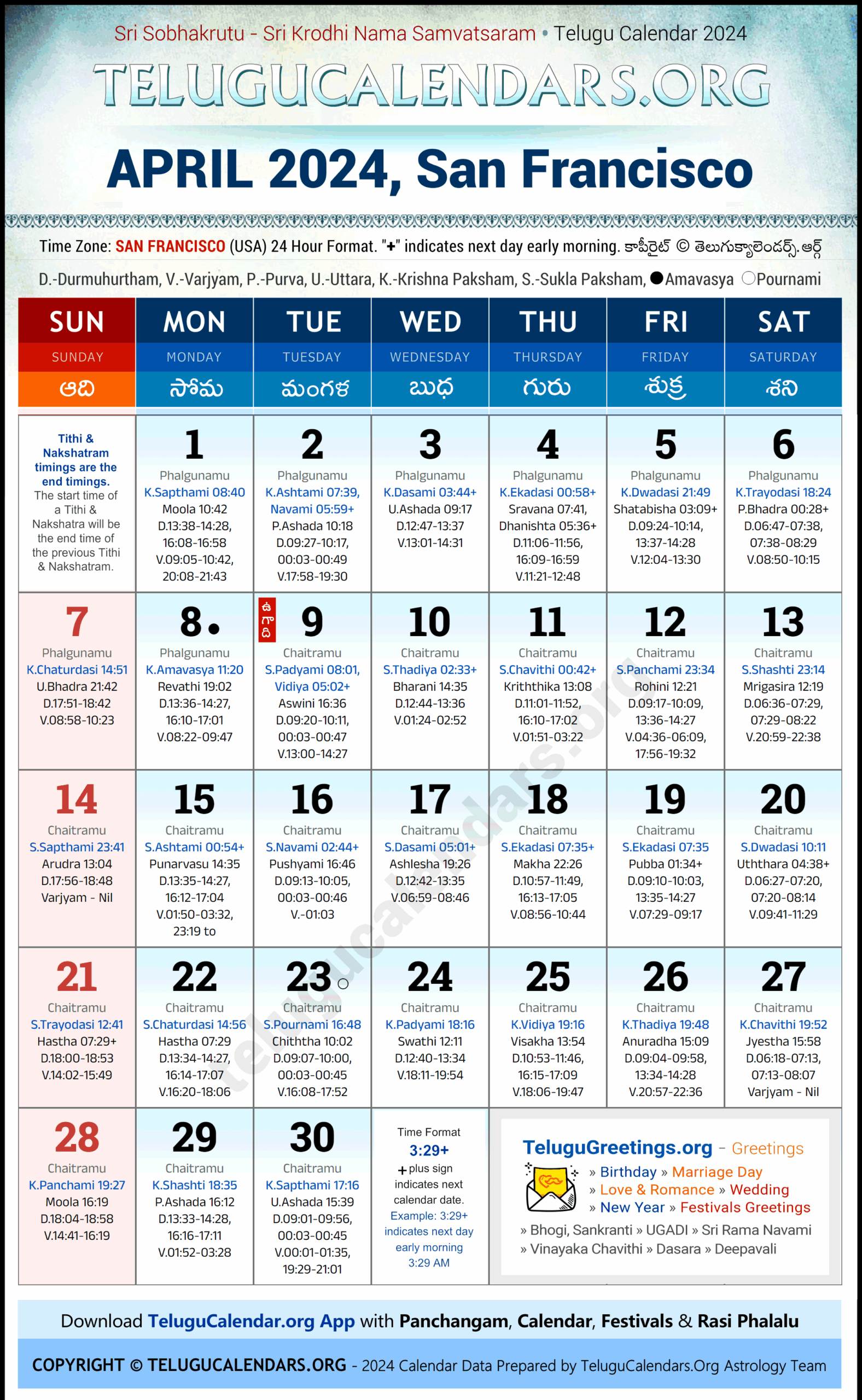 San Francisco 2024 April Telugu Calendar Festivals U0026 Holidays In English PDF Download
