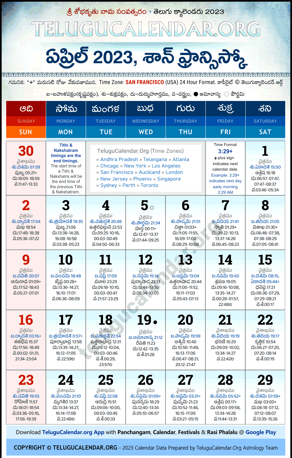 San Francisco Telugu Calendar 2023 April PDF Festivals