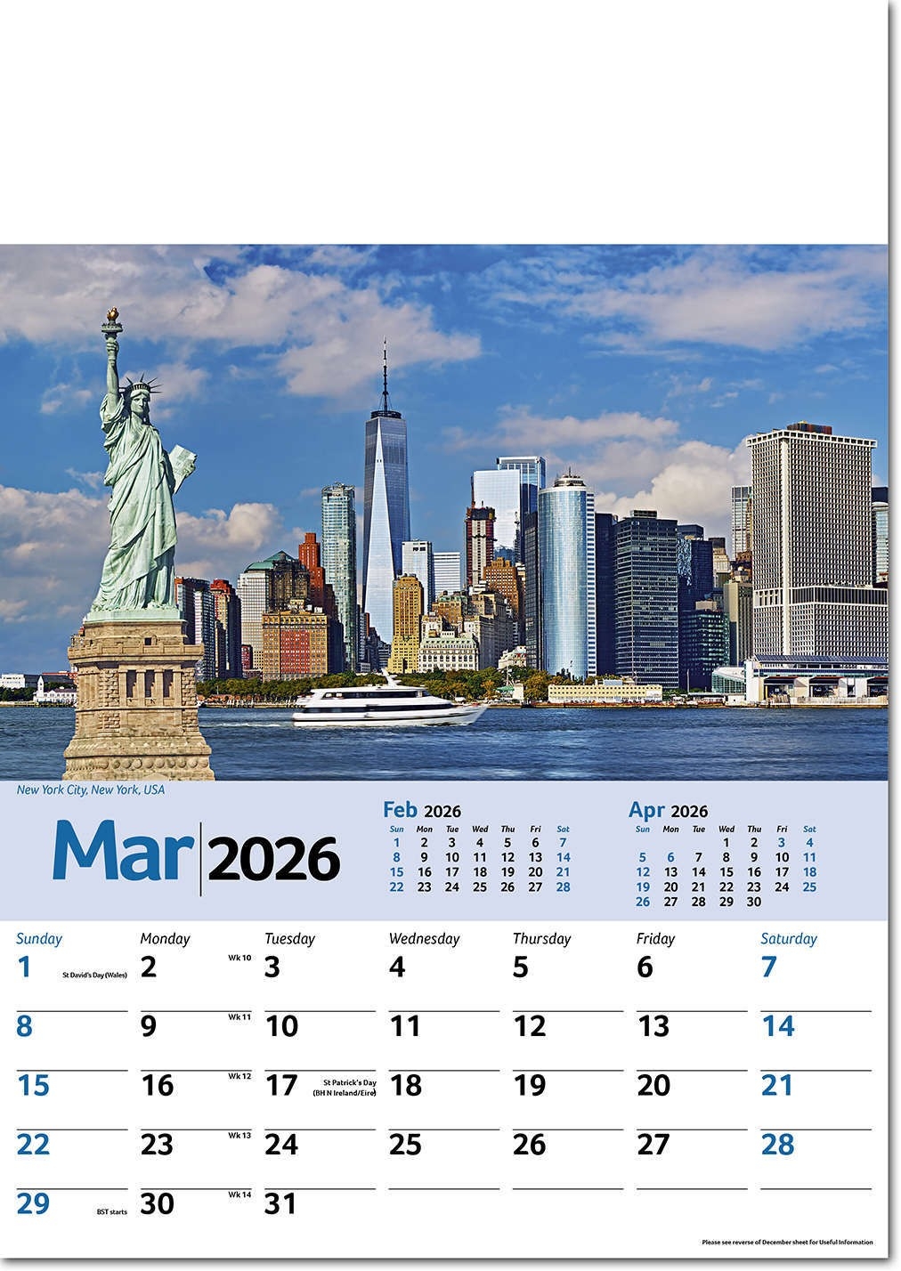 New York City Calendar March 2026