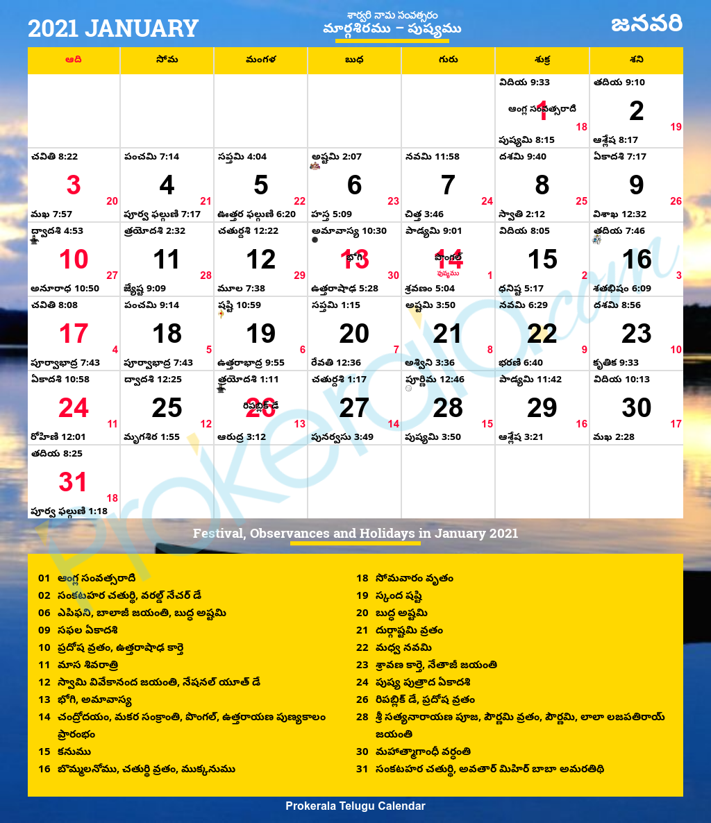Telugu Calendar 2021 January