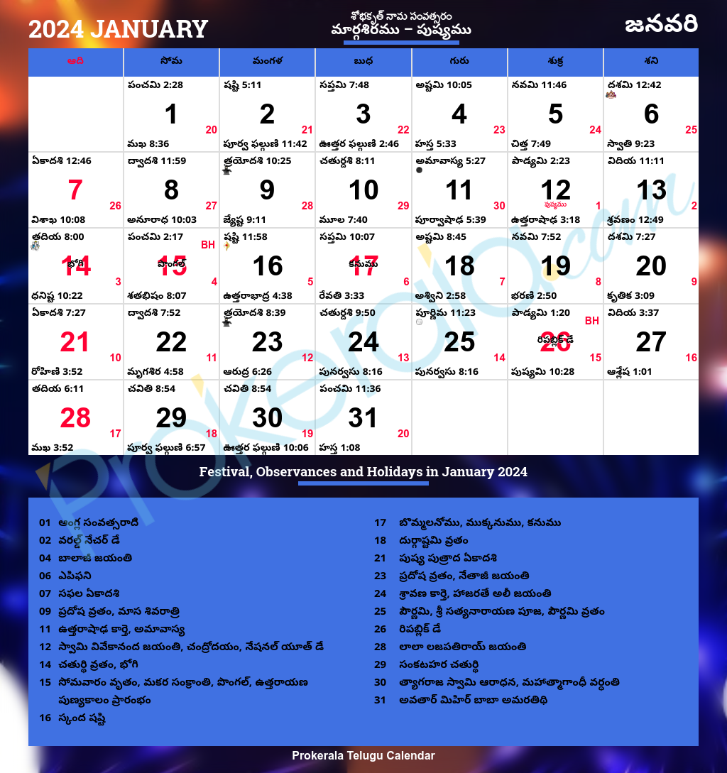 Telugu Calendar 2024 January